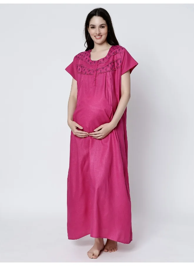 أوروبا الوسطى والشرقية 18 Women Cotton Rayon A-Line Maternity Wear Feeding Long Nursing Nighty Night Gown with Concealed Zipper(Bloomy Pink)