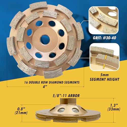 EDiamondTools 4" Diamond Grinding Wheels for Concrete or Masonry, 16 Double Row Segments, 30/40 Grit, Medium Bond, 5/8"-11 Arbor - Image 3