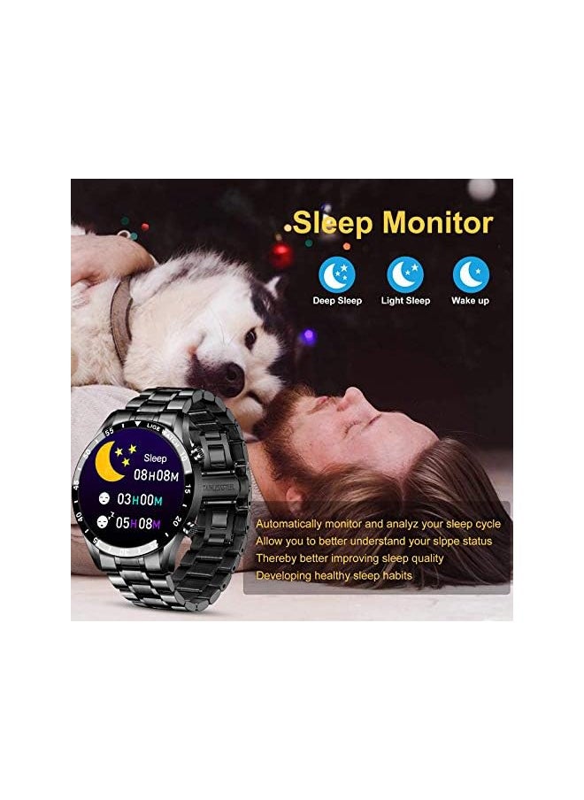 LIGE - LIGE Smart Watch for Android iOS, Bluetooth Calls Voice Chat with Heart Rate/Sleep Monitor Fitness Tracker, 1.3" Full Touch Screen IP67 Waterproof Stainless Steel Activity Tracker for Men - Image 1