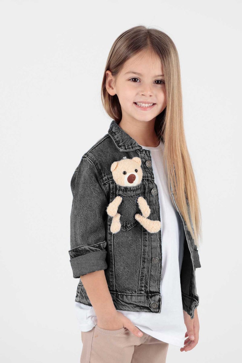 Ahenk Kids Girls Teddy Bear Cotton Jean Jacket Suitable for Daily Fashion AK22176023  - Image 3