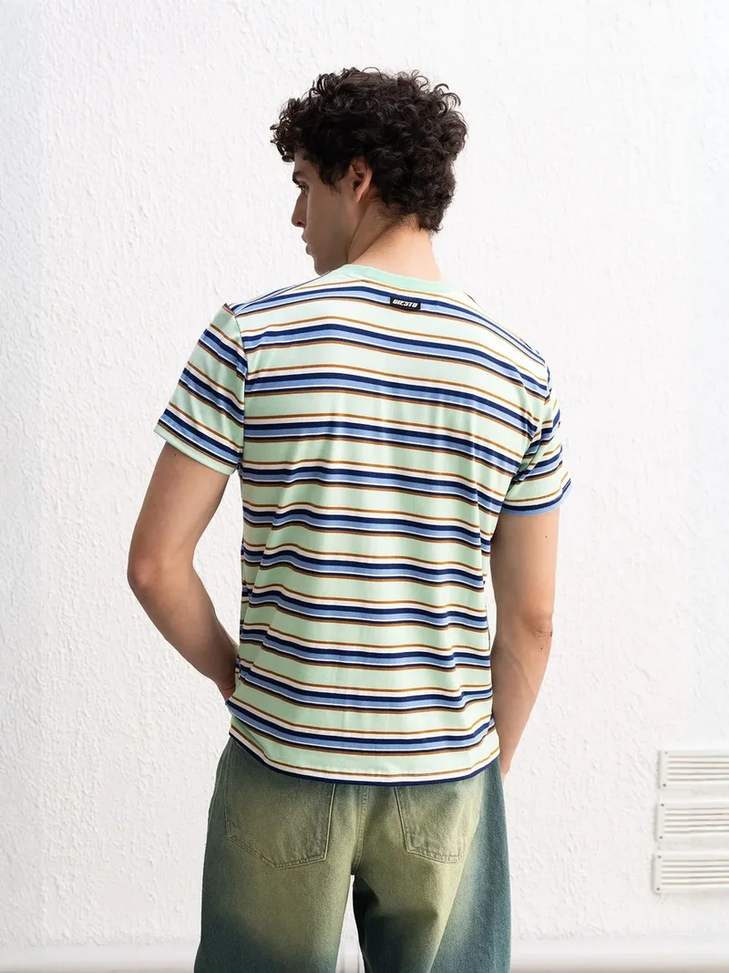 Giesto Mint Green GIESTO Comfort Fit Crew Neck Striped T-Shirt for Men | Best Price UAE