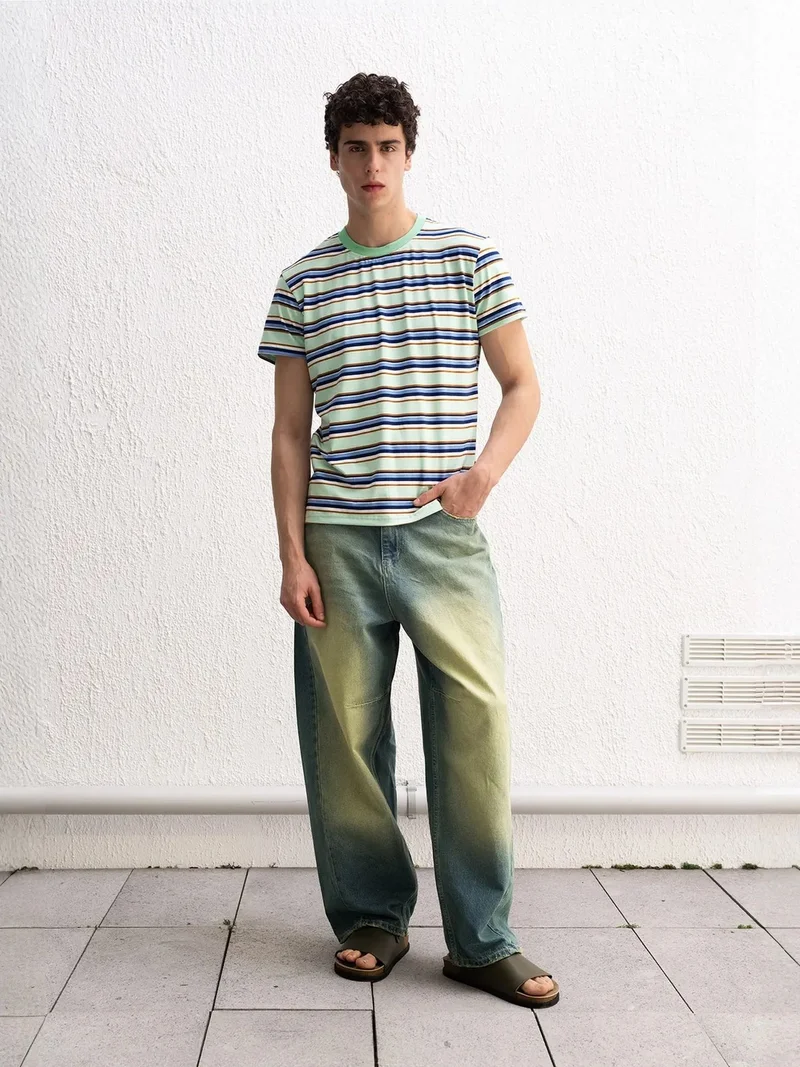 Giesto Mint Green GIESTO Comfort Fit Crew Neck Striped T-Shirt for Men | Best Price UAE