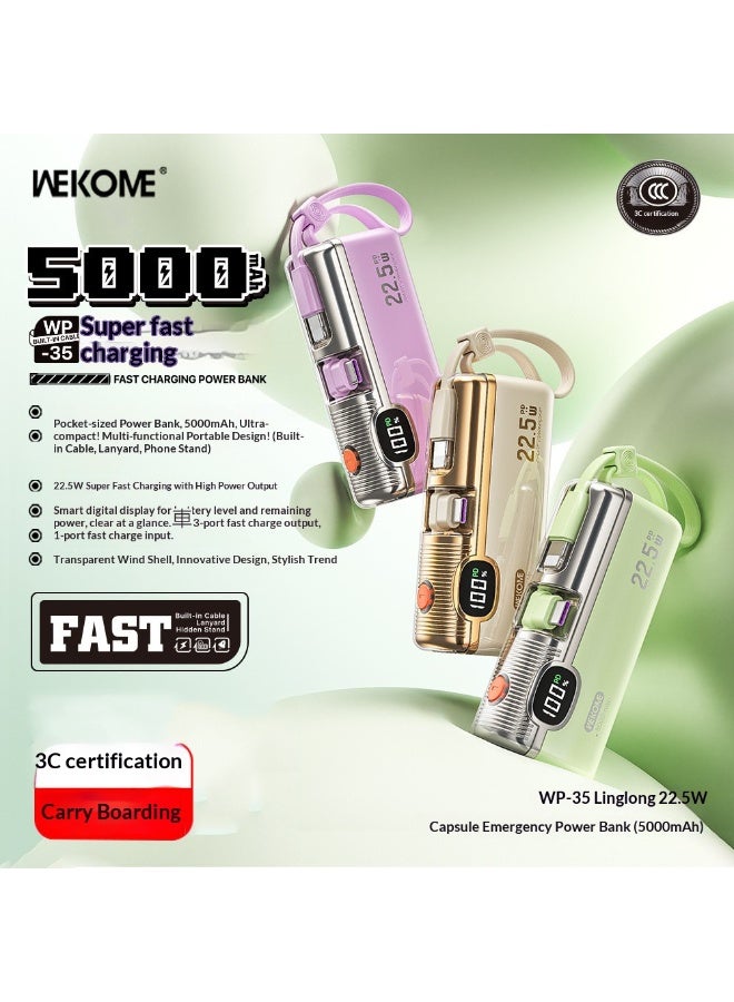 WEKOME Mini 22.5W Capsule Emergency Power Bank | 5000mAh Mini Fast Charge, Digital Display, Multi-Port Output, Portable Lanyard Design (Beige) - Image 2