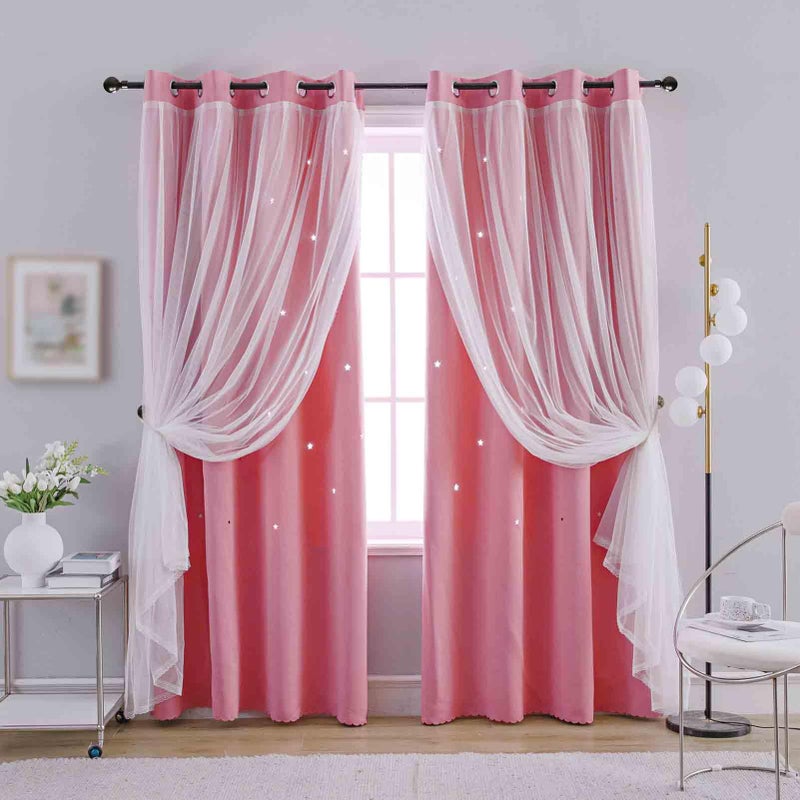 Anytime Star Cut-Out Blackout Curtains for Bedroom 2 Panels,2-Layers Mix Design of Fabric & Tulle,Pretty Pure Color Window Curtain for Kids Room(W52 x L84,Pink) - Image 1