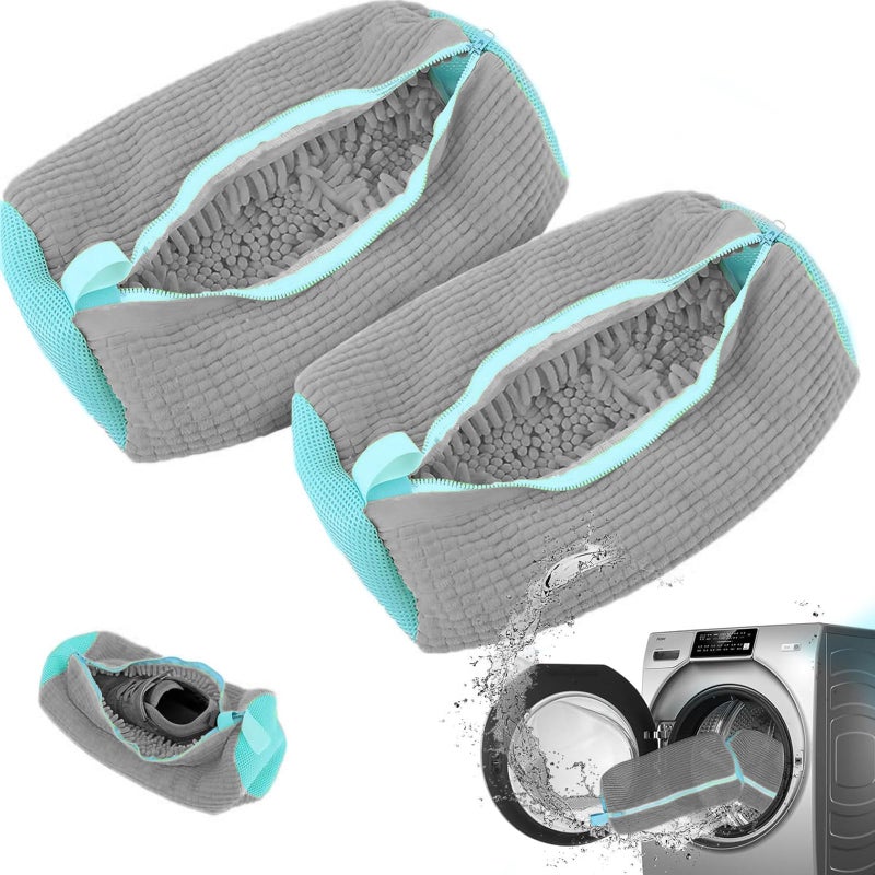 Premium Shoe Cleaning Bag - Heavy-Duty Laundry Shoe Washing Bag for Machine - Durable High-Density Fluffy Chenille Fibers 360° Wrap-Around Cushioning Sneaker Protector with Hidden Locking Zipper (Sleek Modern Grey & Aqua Space-Saving Profile, 1-Piece Pack) - Manual Footwear Protective Sorting Convenience & Laundry Facility Asset Management Template