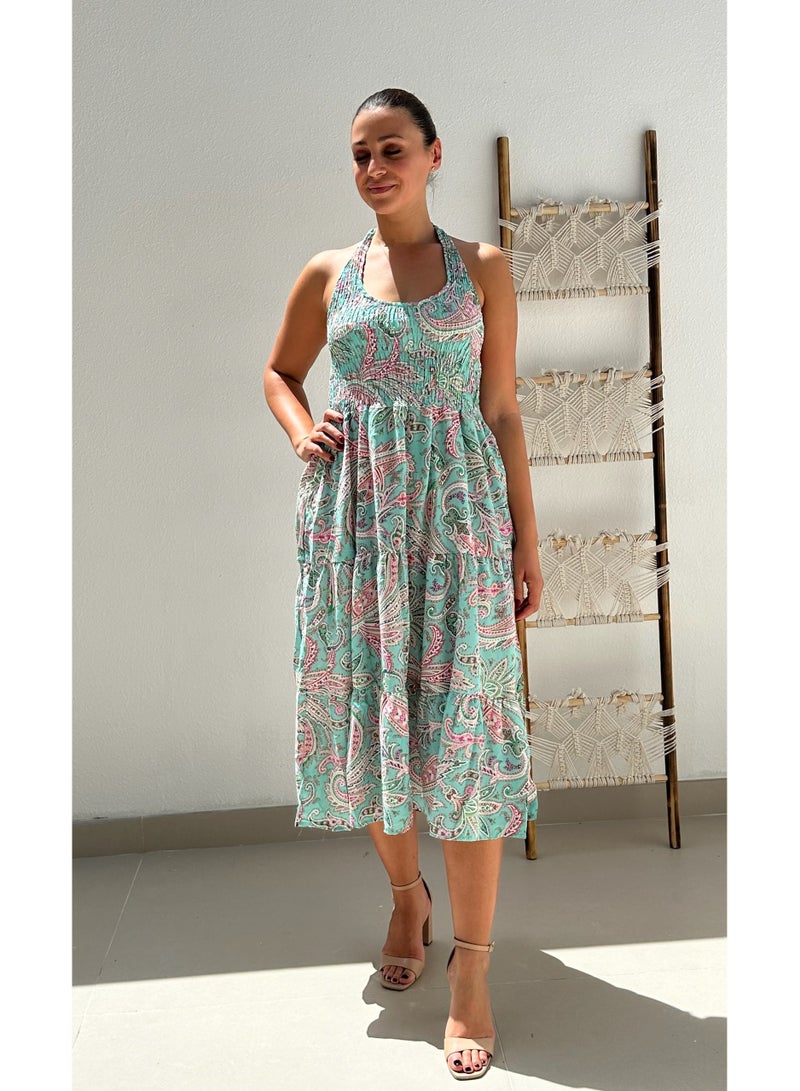 Alorabella Luna Elasticated Halter Dress - Turquoise  - Image 1