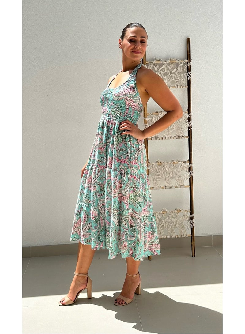 Alorabella Luna Elasticated Halter Dress - Turquoise  - Image 2