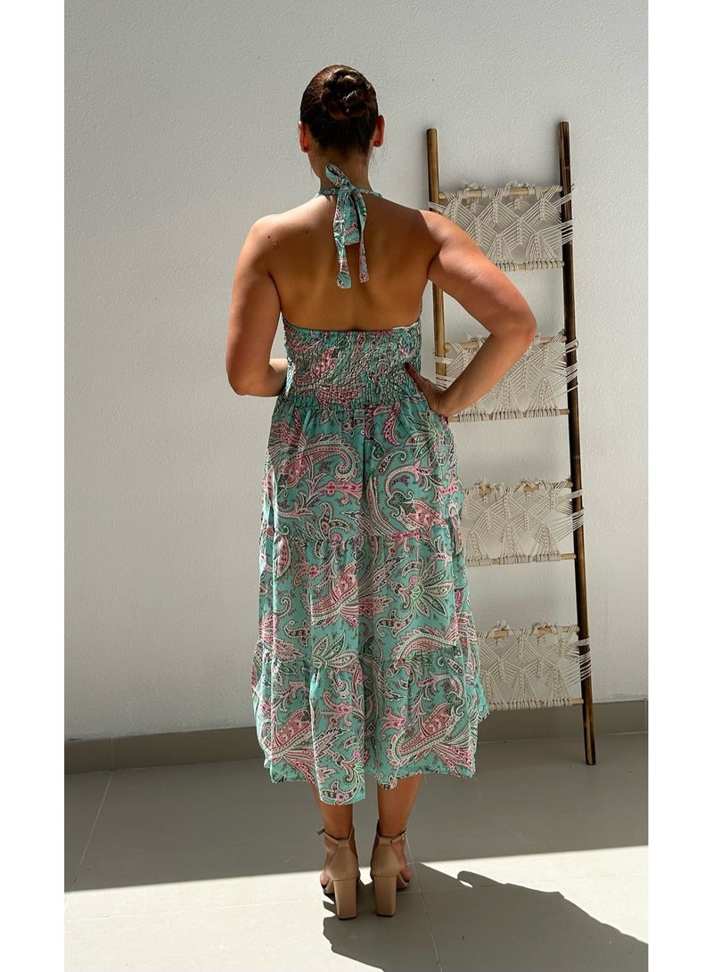Alorabella Luna Elasticated Halter Dress - Turquoise  - Image 3