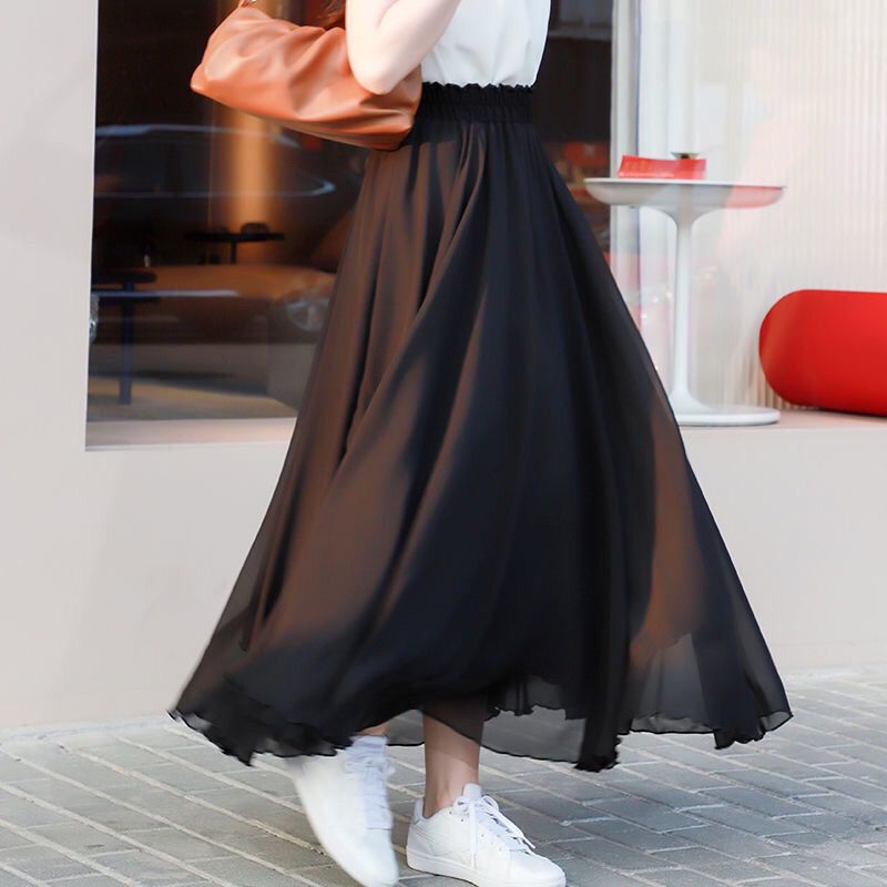 Spring Summer White Chiffon Maxi Skirt High-Waist Black Chiffon Dress