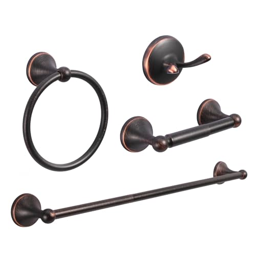 AGKXHDEC 4Piece Bathroom Hardware Set OilRubbed Bronze Bathroom Accessory Set Towel BarsTowel RingToilet Paper HolderRobe Hook Wall MountedOptional Install Longer or Shorter Towel bar - Image 1