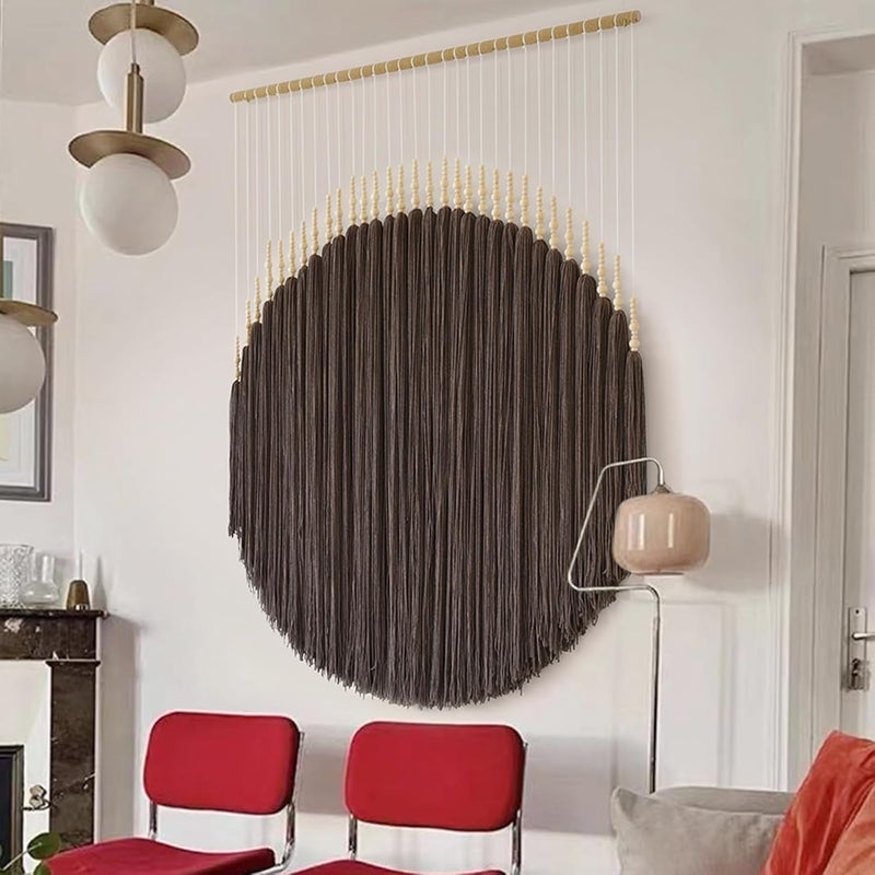 IOWER Macrame Wall Hanging Brown Yarn Beaded Backdrop Boho Wall Decor Round Tassel Home Wall Aesthetic Living Rooms Bedrooms Offices Geometric Art Chic Home Decor 39" W x 55" L - Image 3