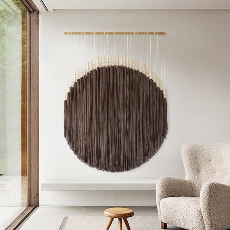 IOWER Macrame Wall Hanging Brown Yarn Beaded Backdrop Boho Wall Decor Round Tassel Home Wall Aesthetic Living Rooms Bedrooms Offices Geometric Art Chic Home Decor 39" W x 55" L - Image 4
