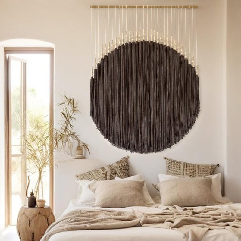 IOWER Macrame Wall Hanging Brown Yarn Beaded Backdrop Boho Wall Decor Round Tassel Home Wall Aesthetic Living Rooms Bedrooms Offices Geometric Art Chic Home Decor 39" W x 55" L - Image 5