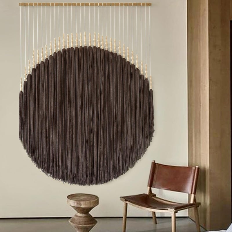 IOWER Macrame Wall Hanging Brown Yarn Beaded Backdrop Boho Wall Decor Round Tassel Home Wall Aesthetic Living Rooms Bedrooms Offices Geometric Art Chic Home Decor 39" W x 55" L - Image 1
