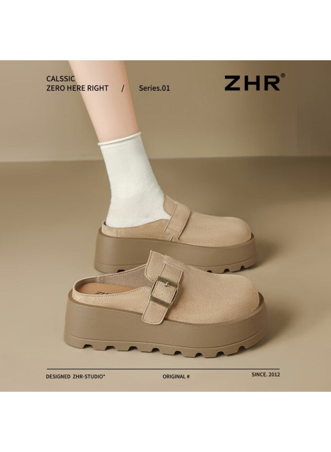 Zhr Thick-soled Birkenstock-style Slip-on Women's Breathable Closed-toe Slippers, Casual Outdoor Shoes For Women, Jt90t, Khaki, Size 39 - Image 1