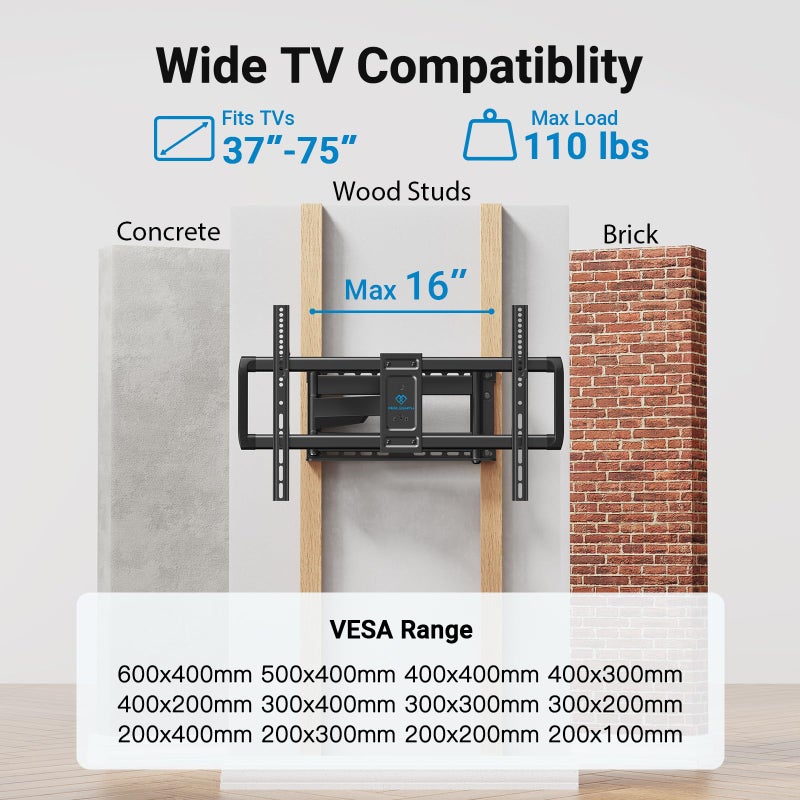 PERLESMITH Long Arm TV Wall Mount Full Motion for 37-75 inch TVs, Corner TV Mount Bracket with 27.36-inch Articulating Long Extension Arm, Swivel&Tilt, Max VESA 600x400mm up to 110lbs, 16" Wood Stud - Image 2