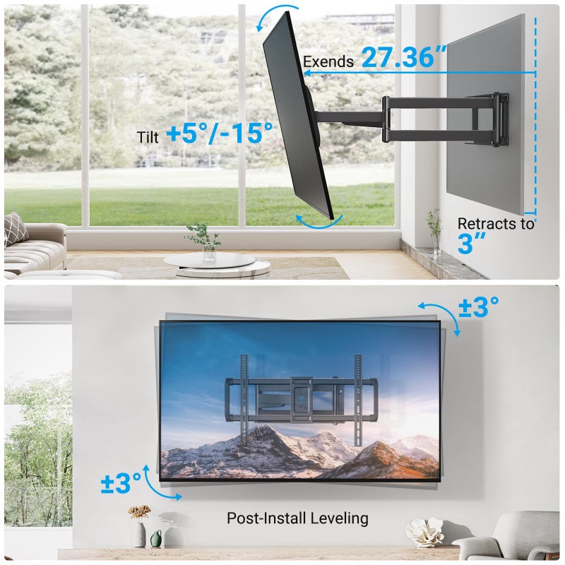 PERLESMITH Long Arm TV Wall Mount Full Motion for 37-75 inch TVs, Corner TV Mount Bracket with 27.36-inch Articulating Long Extension Arm, Swivel&Tilt, Max VESA 600x400mm up to 110lbs, 16" Wood Stud - Image 4