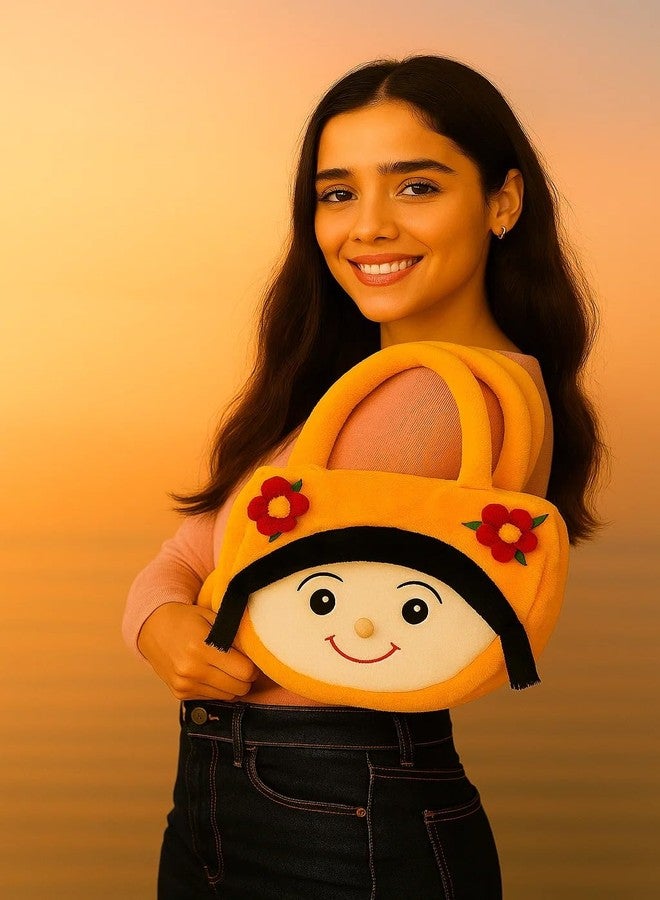 GT Gungun Toys Kids Plush Tote Bag for Girls | Cute Cartoon Doll Face Purse with Flowers | Soft Lightweight Handbag for Toddlers & Children | Birthday Gift (Yellow) - Image 4