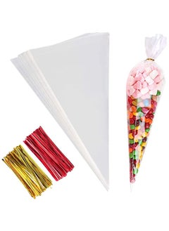 Cone Bag, 100pcs Clear Cellophane Bags, Clear Cone Bags Sweets Pastry Bags With Gold Red Twist Ties for Handmade Cookies Party Gift Wedding Birthday Festivals, 16 * 30cm
