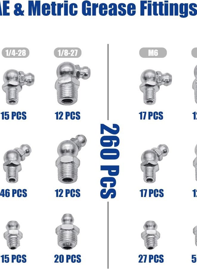 JROUTH Grease Fittings Kit, 260Pcs SAE & Metric Grease Zerk Fittings Assortment, Hydraulic Grease Zerks Fittings Standard with 1/4", 1/8" M6 M10 Straight, 90 Degree, 45 Degree Angled - Image 2