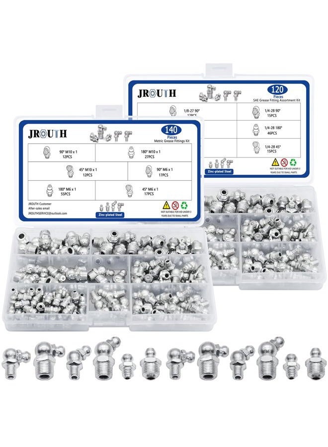 JROUTH Grease Fittings Kit, 260Pcs SAE & Metric Grease Zerk Fittings Assortment, Hydraulic Grease Zerks Fittings Standard with 1/4", 1/8" M6 M10 Straight, 90 Degree, 45 Degree Angled - Image 1