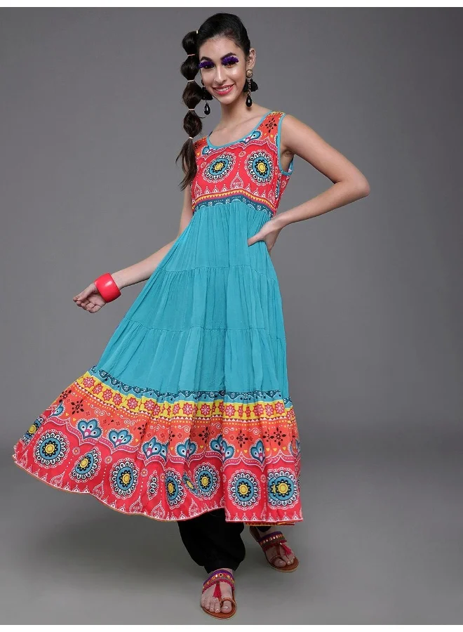 AKS Blue & Red Printed Tiered Anarkali