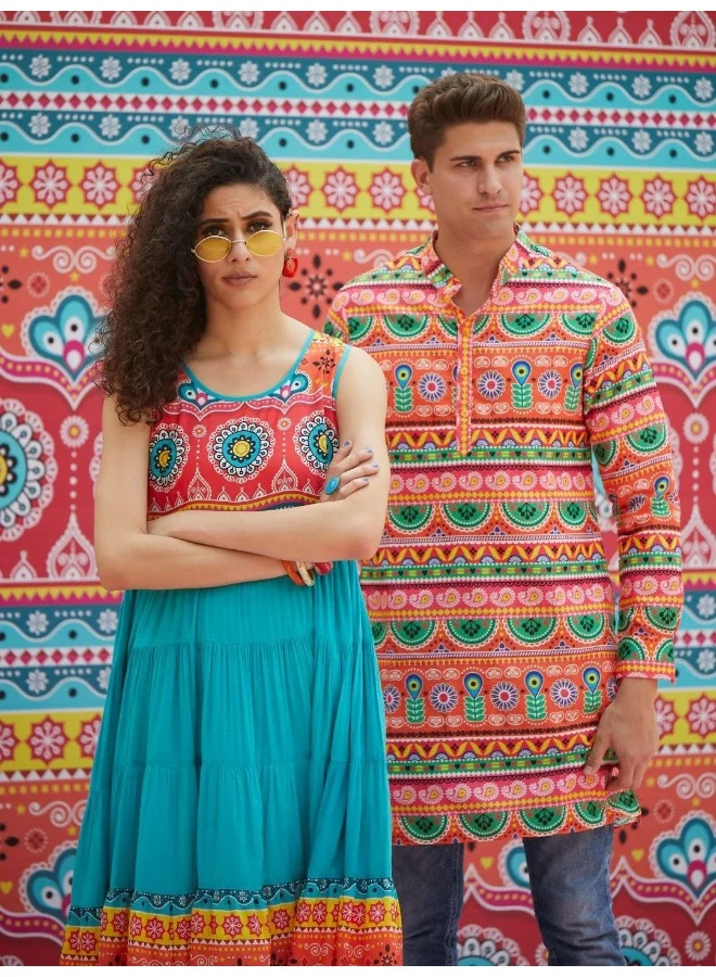 AKS Blue & Red Printed Tiered Anarkali
