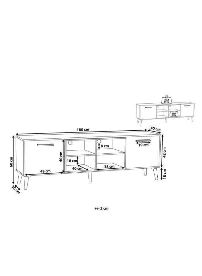 الزخارف للمفروشات وحدة تلفزيون Al Zakharef Costa – خشب فاتح مع رمادي | وحدة ترفيه عصرية للتلفزيونات حتى 75 بوصة | كونسول وسائط بعرض 180 سم من خشب MDF مع خزائن وأرفف مفتوحة - Image 2