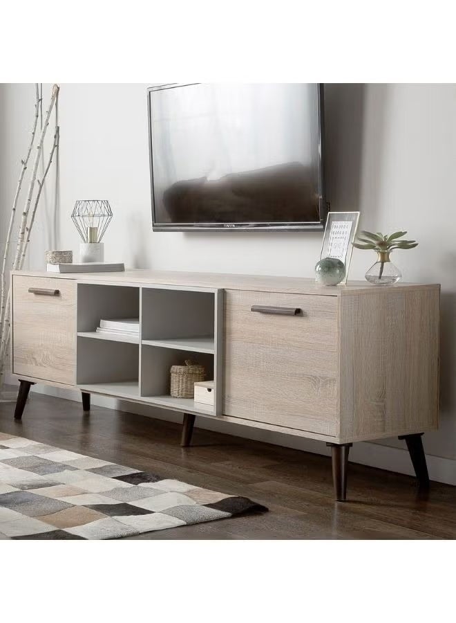 الزخارف للمفروشات وحدة تلفزيون Al Zakharef Costa – خشب فاتح مع رمادي | وحدة ترفيه عصرية للتلفزيونات حتى 75 بوصة | كونسول وسائط بعرض 180 سم من خشب MDF مع خزائن وأرفف مفتوحة - Image 1