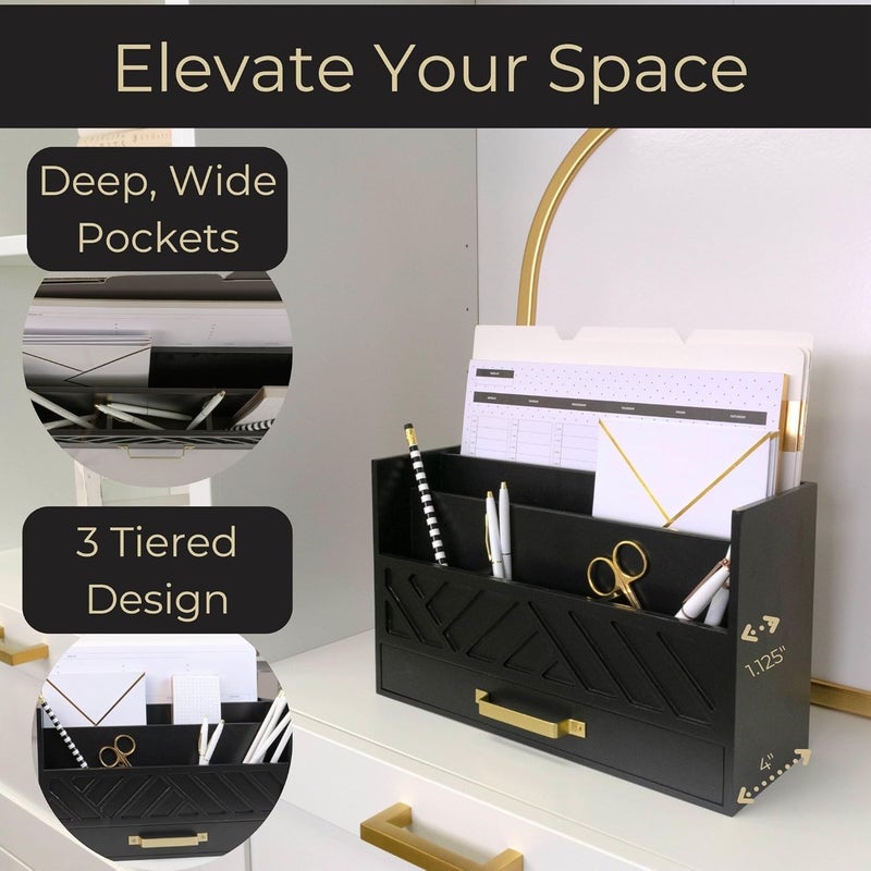 Blu Monaco Black Mail Organizer with Drawer and Gold Handle – Desktop Mail Holder and Office Supplies Storage – Home Office Desk Accessories – Letter Sorter and Paper Organizer - Image 3