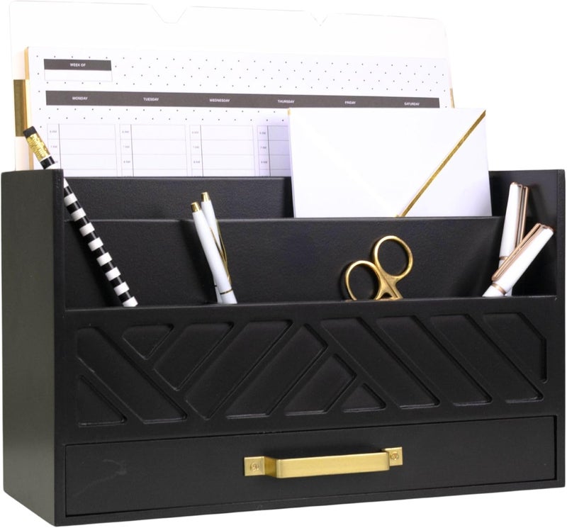 Blu Monaco Black Mail Organizer with Drawer and Gold Handle – Desktop Mail Holder and Office Supplies Storage – Home Office Desk Accessories – Letter Sorter and Paper Organizer - Image 1