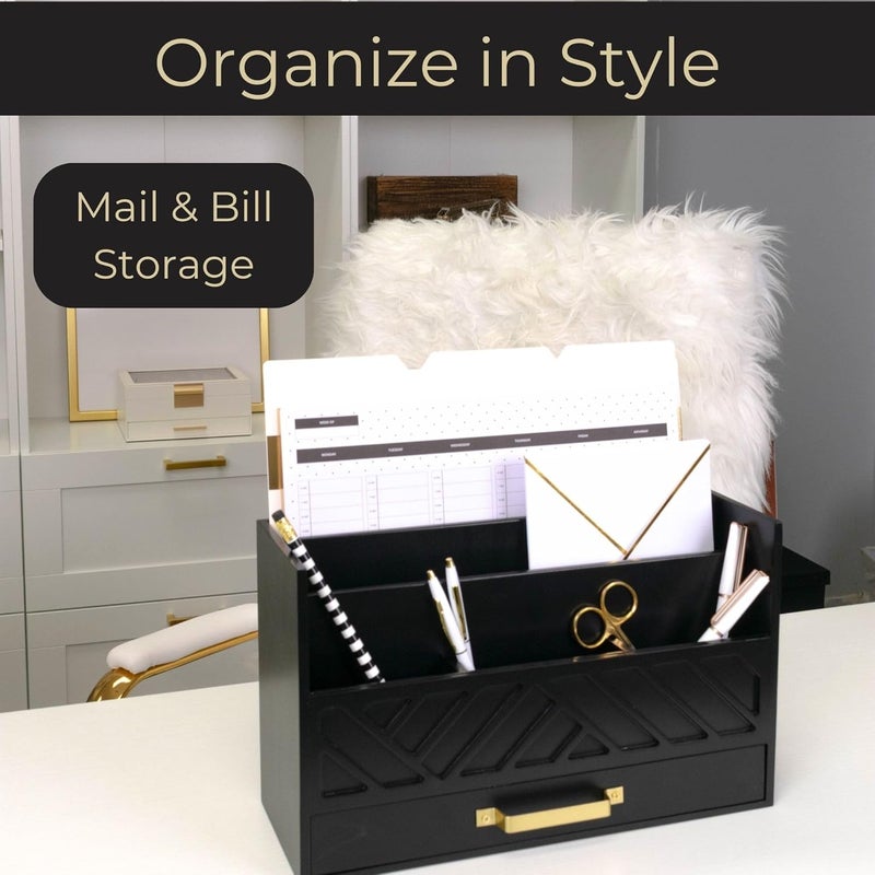 Blu Monaco Black Mail Organizer with Drawer and Gold Handle – Desktop Mail Holder and Office Supplies Storage – Home Office Desk Accessories – Letter Sorter and Paper Organizer - Image 2