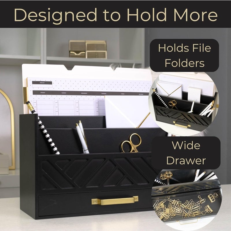 Blu Monaco Black Mail Organizer with Drawer and Gold Handle – Desktop Mail Holder and Office Supplies Storage – Home Office Desk Accessories – Letter Sorter and Paper Organizer - Image 4