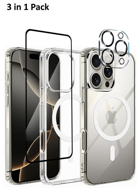3 in 1 Pack Crystal Clear Flexible Protective Silicone -MagSafe/Wireless Charging Back and  Case Tempered Glass Screen Protector With Camera Lens Protector For iPhone 16 Pro