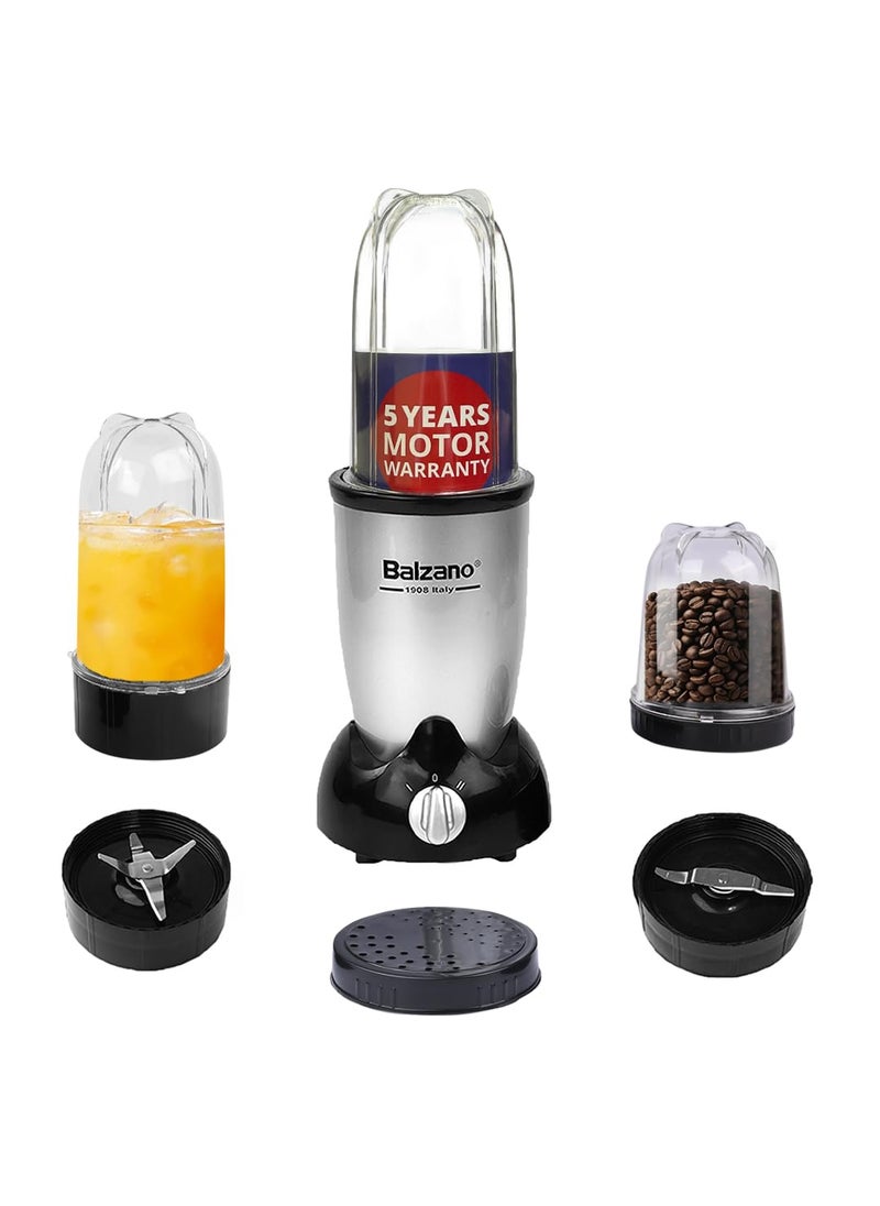 Balzano - Balzano Bullet Mixer Grinder 500W, 3 Jars, 2 Blades, 2 Lids, Italian Premium Brand, Pulse Function, Blender for Smoothies and Juices/Smoothie Maker, Portable Blender, Blender for Kitchen, Silver - Image 1