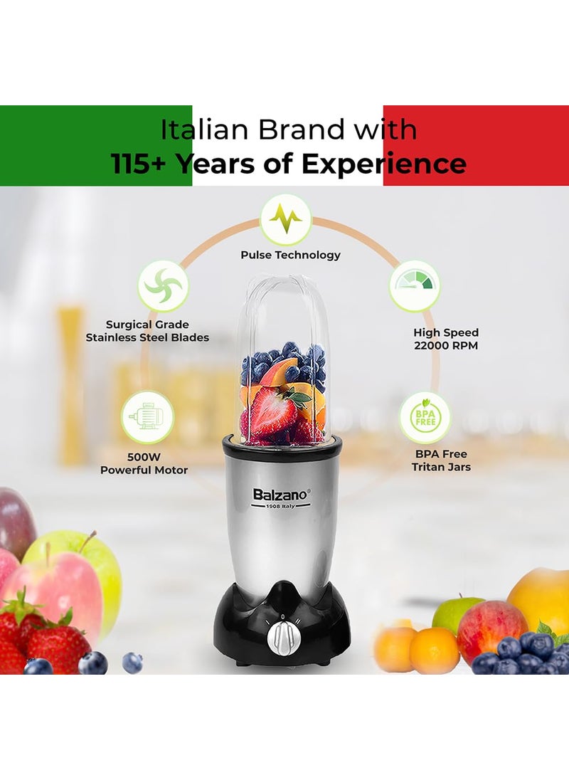Balzano - Balzano Bullet Mixer Grinder 500W, 3 Jars, 2 Blades, 2 Lids, Italian Premium Brand, Pulse Function, Blender for Smoothies and Juices/Smoothie Maker, Portable Blender, Blender for Kitchen, Silver - Image 1