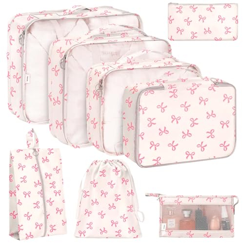 KPX 8 Set Packing Cubes for Travel, Luggage Packing Organizers Accessories Large Toiletries Bag for Clothes Shoes Cosmetics (8Set-Pink Bow) - Image 1