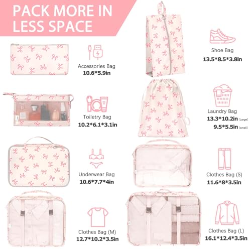 KPX 8 Set Packing Cubes for Travel, Luggage Packing Organizers Accessories Large Toiletries Bag for Clothes Shoes Cosmetics (8Set-Pink Bow) - Image 2