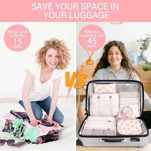KPX 8 Set Packing Cubes for Travel, Luggage Packing Organizers Accessories Large Toiletries Bag for Clothes Shoes Cosmetics (8Set-Pink Bow) - Image 5