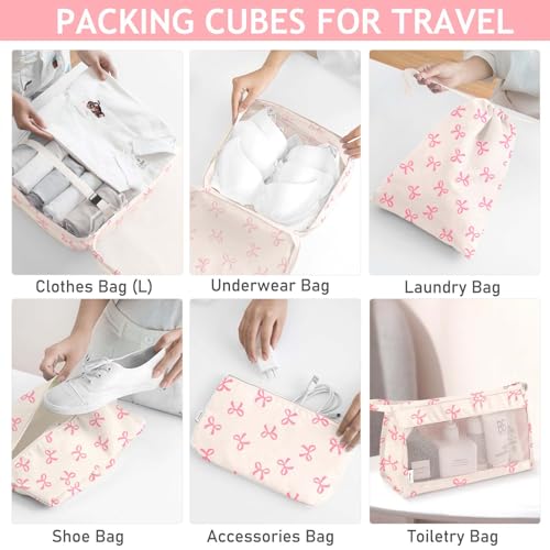KPX 8 Set Packing Cubes for Travel, Luggage Packing Organizers Accessories Large Toiletries Bag for Clothes Shoes Cosmetics (8Set-Pink Bow) - Image 4