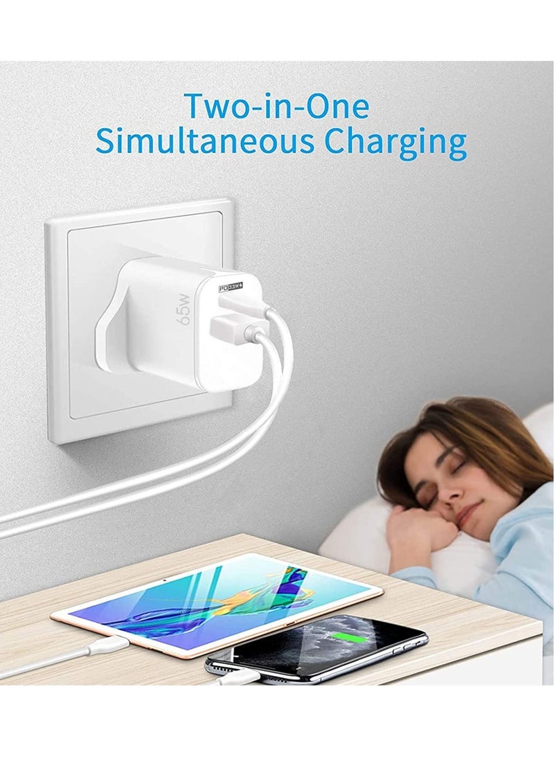 65W USB PD3.0 Fast Recharge,Dual Port Type-C QC3.0 Wall Power Plug for iPhone,iPad,AirPods,Galaxy,Pixel and more (65W-A)