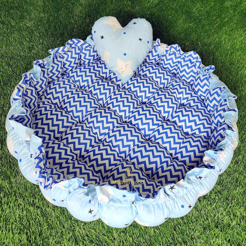 MOTHERHOOD MOTHERHOOD Round Baby Tub Bed 1 Pc HeartShape Pillow Luxury Mattress Sleeper Bedding Set coSleeper Safe Cotton Fabric with RFilled UltraSoft Comfortable for Newborn to Toddlers Sky - Image 1