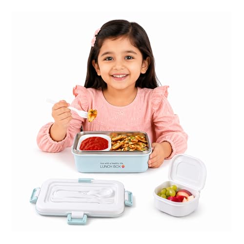 WISHKEY BPA Free Stainless Steel Medium Sized Lunch Box with a Spoon & a Fork, Soft Color Tiffin Box & Cutlery Accessories for Kids & Adults, 500 ml (Set of 1, Blue) - Image 1
