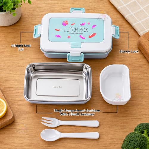 WISHKEY BPA Free Stainless Steel Medium Sized Lunch Box with a Spoon & a Fork, Soft Color Tiffin Box & Cutlery Accessories for Kids & Adults, 500 ml (Set of 1, Blue) - Image 3