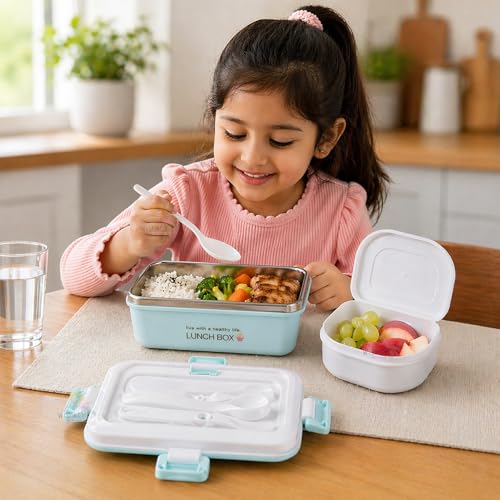 WISHKEY BPA Free Stainless Steel Medium Sized Lunch Box with a Spoon & a Fork, Soft Color Tiffin Box & Cutlery Accessories for Kids & Adults, 500 ml (Set of 1, Blue) - Image 5
