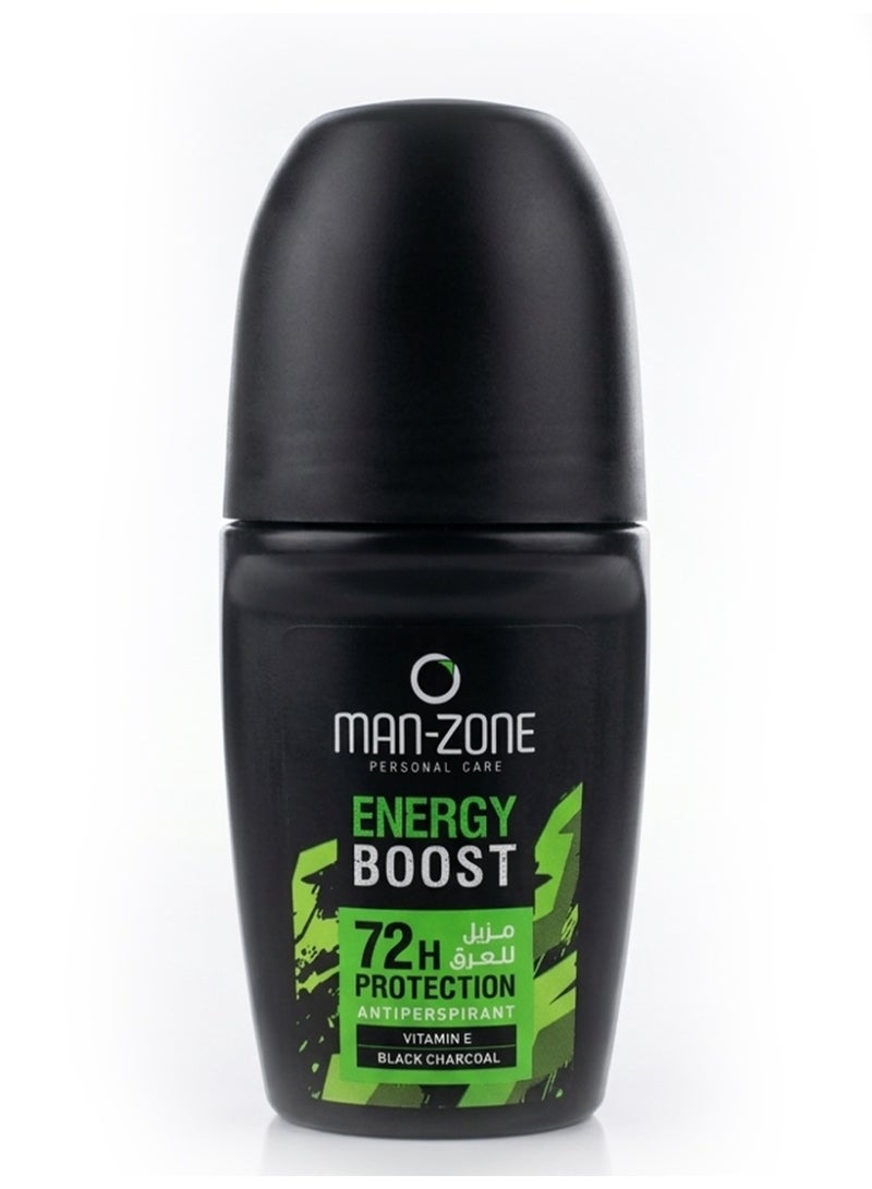 Men Roll On Antiperspirant Deodorant 50ml, 72H Protection with Black Charcoal & Vitamin E – Long Lasting Sweat & Odor Control, Fresh Energy Boost Formula for Daily Use, Home, Gym & Travel