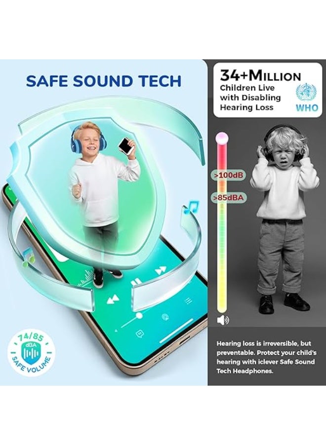 iClever Bluetooth Kids Headphones, BTH12 Colorful LED Lights Kids Wireless Headphones Over Ear with 74/85dBA Safe Volume, 85H Playtime, Bluetooth 5.2, Built-in Mic for iPad/School/Tablet/PC/Game - Image 4
