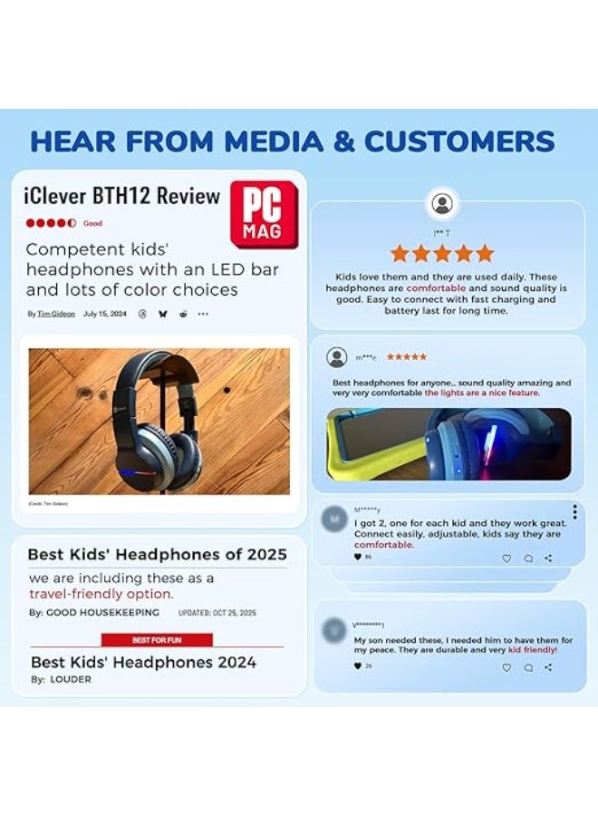 iClever Bluetooth Kids Headphones, BTH12 Colorful LED Lights Kids Wireless Headphones Over Ear with 74/85dBA Safe Volume, 85H Playtime, Bluetooth 5.2, Built-in Mic for iPad/School/Tablet/PC/Game - Image 2