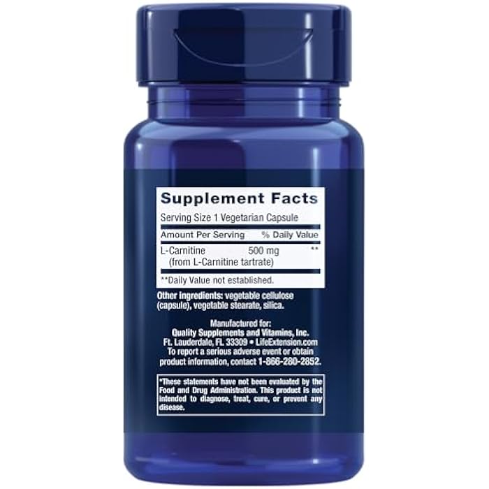 Life Extension L-Carnitine – 500 mg, Energy Supplement, Memory Supplement – Free Form Amino Acid, Nitric Oxide Support – Gluten-Free, Non-GMO, Vegetarian – Two Pack - 2 x 30 Capsules - Image 2