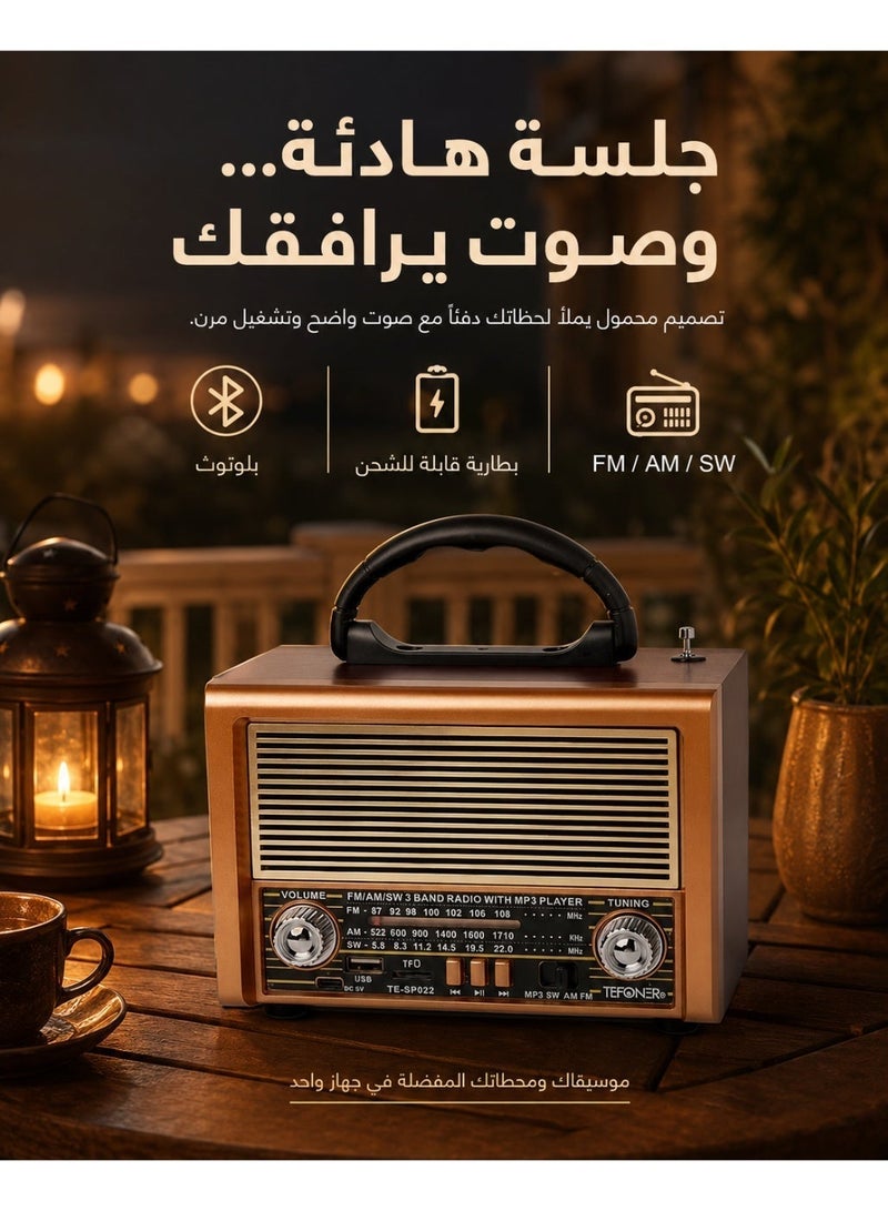 تيفونر، راديو محمول بمظهر كلاسيكي مع حقيبة موديل راديو بثلاث قنوات FM - AM - SW ذهبي/بني/أسود بلوتوث AUX بطاقة TF قرص فلاش USB راديو كلاسيكي راديو شحن راديو قران مسجل مسجل بلوتوث مسجل قديم راديو كلاسيكي - Image 5